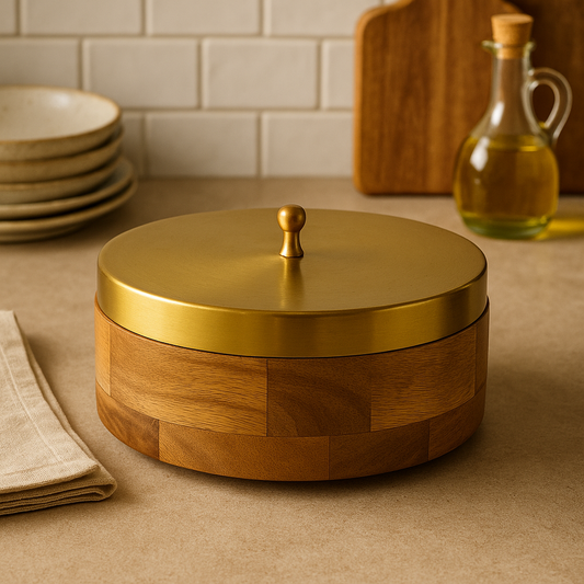 Wooden Roti Box with Metal Gold Lid