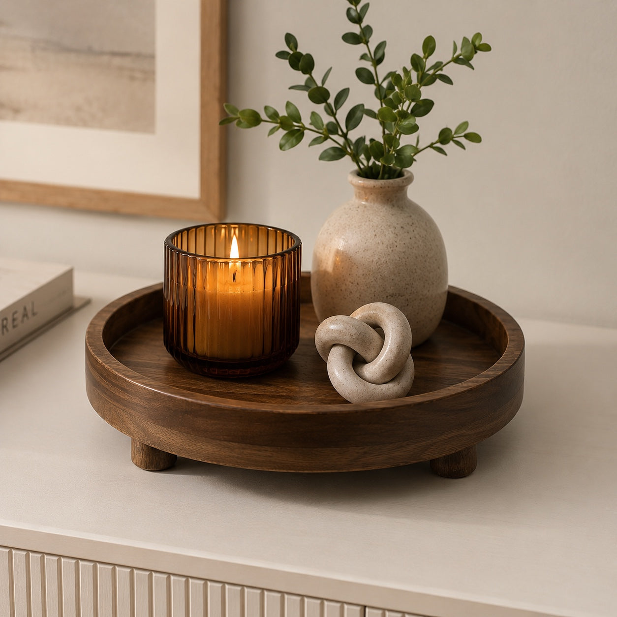 Round Wooden Tray with Lags- 10"x10"X3"