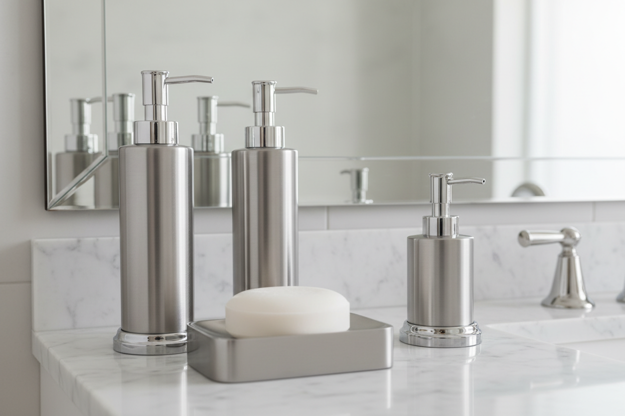 bathroom lotion bottles and soap dishes metal